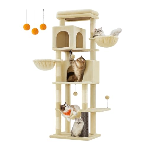 Feandrea Kratzbaum XL, 175 cm hoch, mit 2 Höhlen, 2 Liegemulden, 5 Kratzsäulen, Katzenbürste, sandbeige