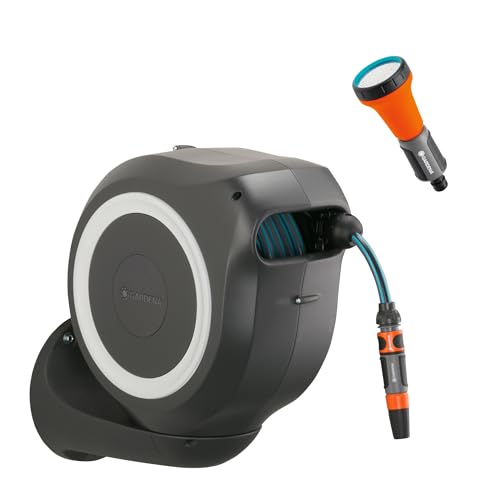 Gardena Wand-Schlauchbox RollUp M, 20 m mit schwenkbarer Schlauchtrommel, Wandhalterung, Spritze und Systemteilen, frostsicher