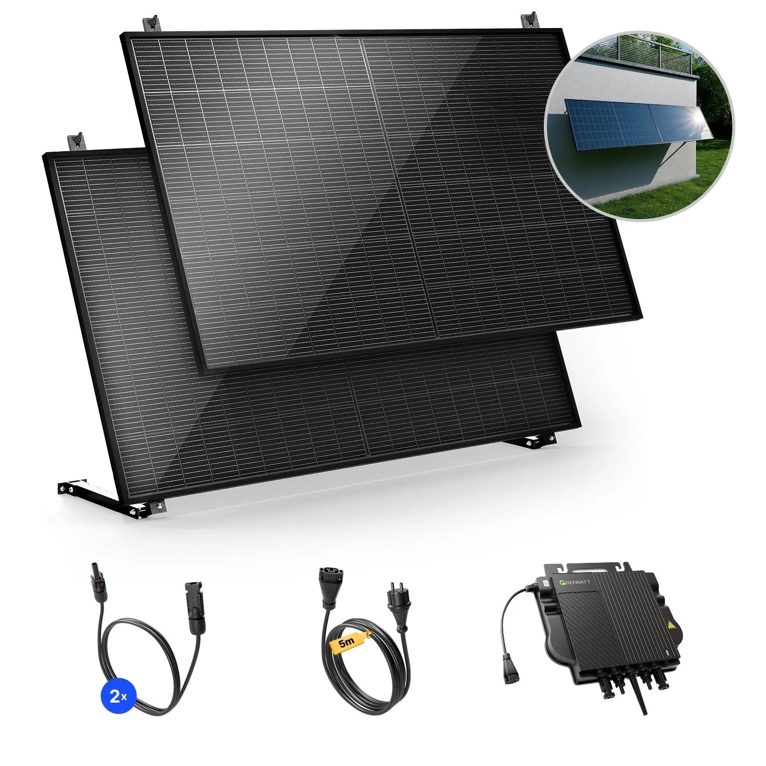 Solakon Balkonkraftwerk 1000W, Steckerfertig Komplettset mit 800W Photovoltaikmodulen und 5m Kabellänge