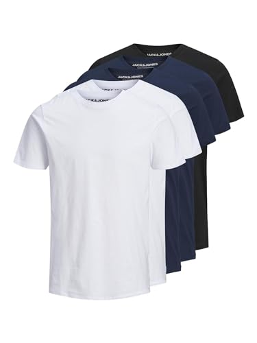 Jack & Jones Herren Organic Basic Shirt Multipack, 5 Stück, Schwarz, Weiß, Blau, Rundhalsausschnitt, Größe XXL