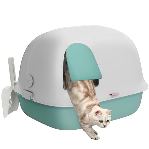 PawHut Katzentoilette mit Deckel, halbgeschlossenes Katzenklo mit Sieb, Tür und Schaufel, für kleine Katzen bis 3,5 kg, Indoor, Kunststoff, Grün
