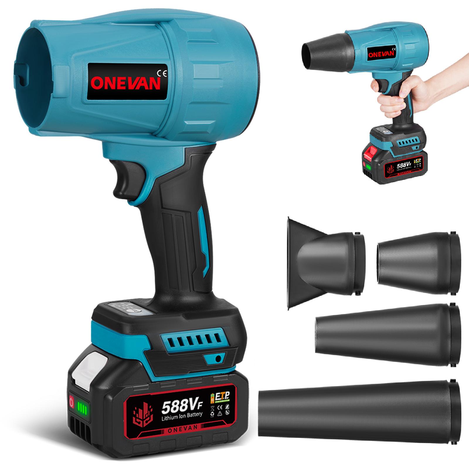 ONEVAN Turbo Gebläse, Bürstenloser Laubbläser mit Akku, 800 W, 300 m/s Jet Fan, 33.000 U/min, 4 Düsen, 3000 mAh Akku