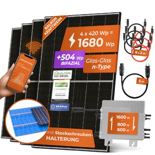 Solarway 1680W Balkonkraftwerk 1600W Komplett Steckdose - Ausgang einstellbar 600/800/1600W - 4x420W Bifaziale Glas/Glas n-Type JaSolar-Module, Wechselrichter mit APP&WiFi, Premium Full Black Design