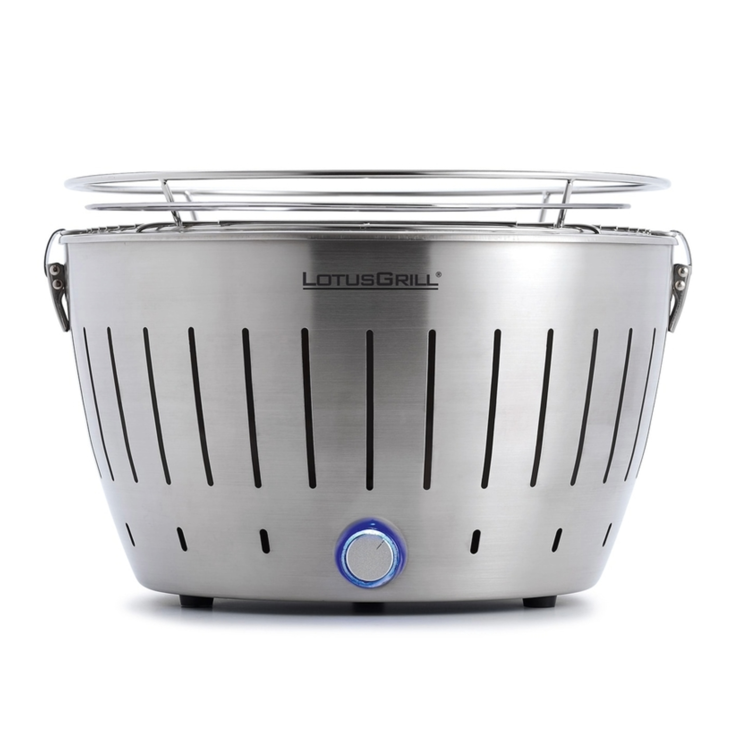 LotusGrill Classic G340, raucharmer Holzkohle-Tischgrill aus Edelstahl, transportabel mit USB-Anschluss und stabiler Transporttasche