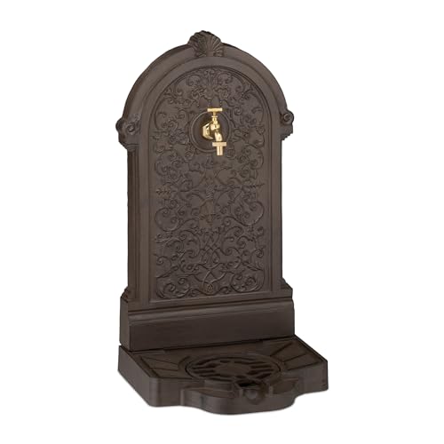 relaxdays Gartenbrunnen Standbrunnen Antik, Dunkelbraun-Gold, mit Wasserhahn und rundem Becken, 73 x 39 x 32 cm