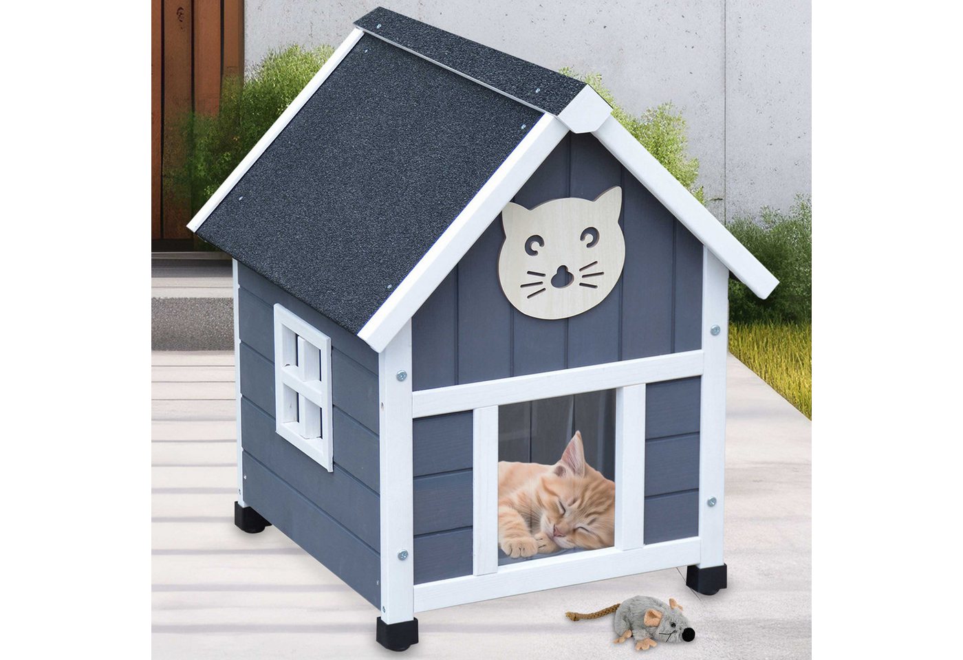 Zooprinz Katzenhaus Tiger XXL, wetterfestes Holzhaus mit Bitumendach, höhenverstellbar, Grau-Weiß, inklusive Plüschmaus