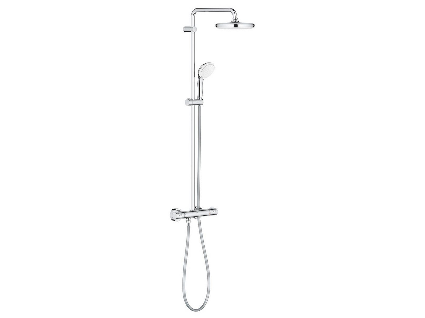 Grohe Bau System 210, Duschsystem mit Thermostat, 210 mm Regendusche, Handbrause, SafeStop, Wandmontage, Duscharmatur mit Wanneneinlauf, Höhe 113.2 cm