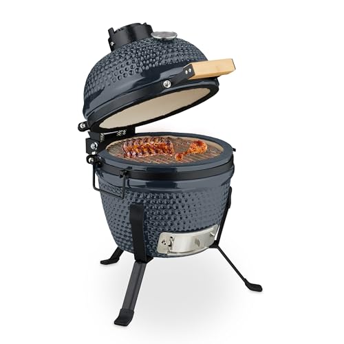 Relaxdays Kamado-Grill, Keramikgrill (260 mm) mit präziser Temperaturregelung, integrierten Thermometer und geringen Kohlebedarf