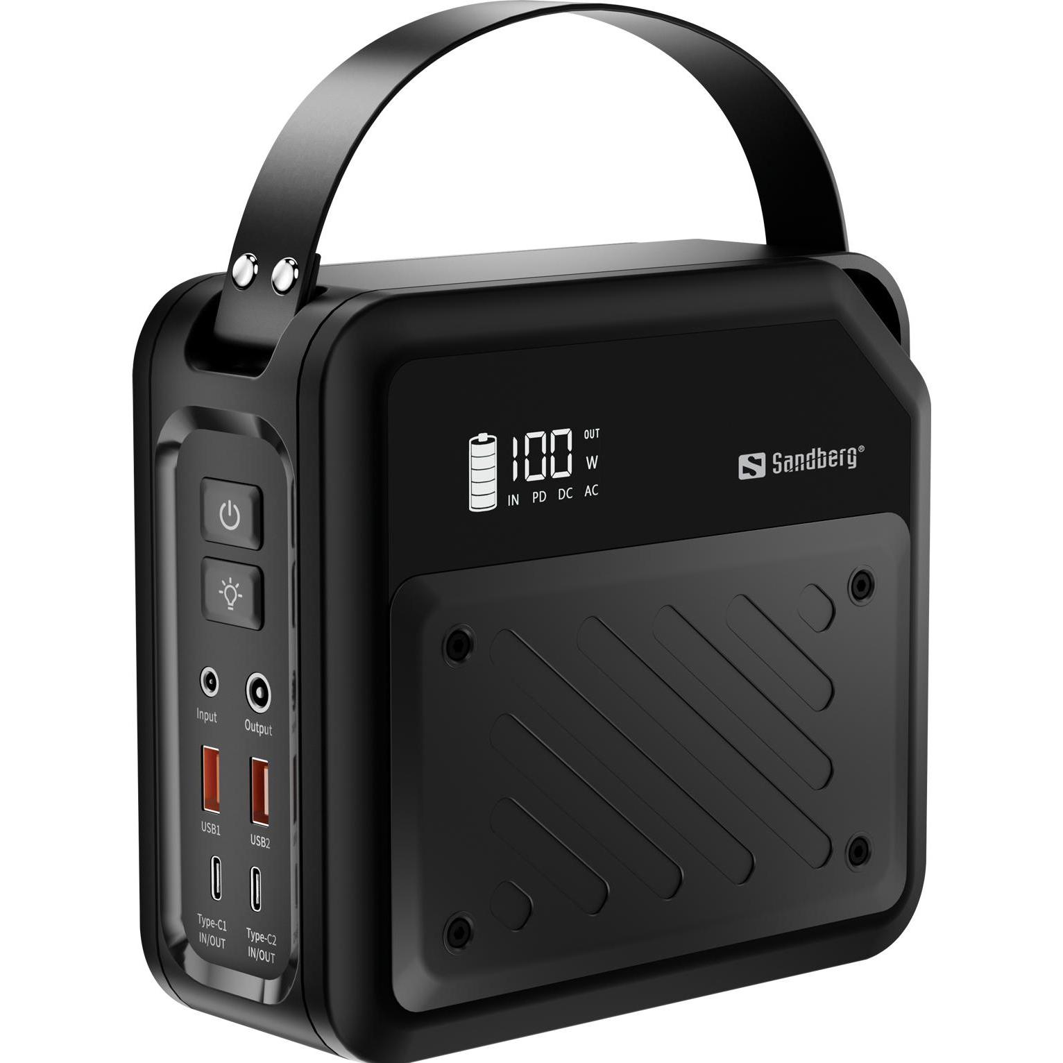 Sandberg DC Power Station 72000, mobile Power-Hub mit 266.4 Wh, 2x 100W USB-C PD, 2x USB-A QC 3.0, 12V DC-Ausgang, inklusive LED-Lampe