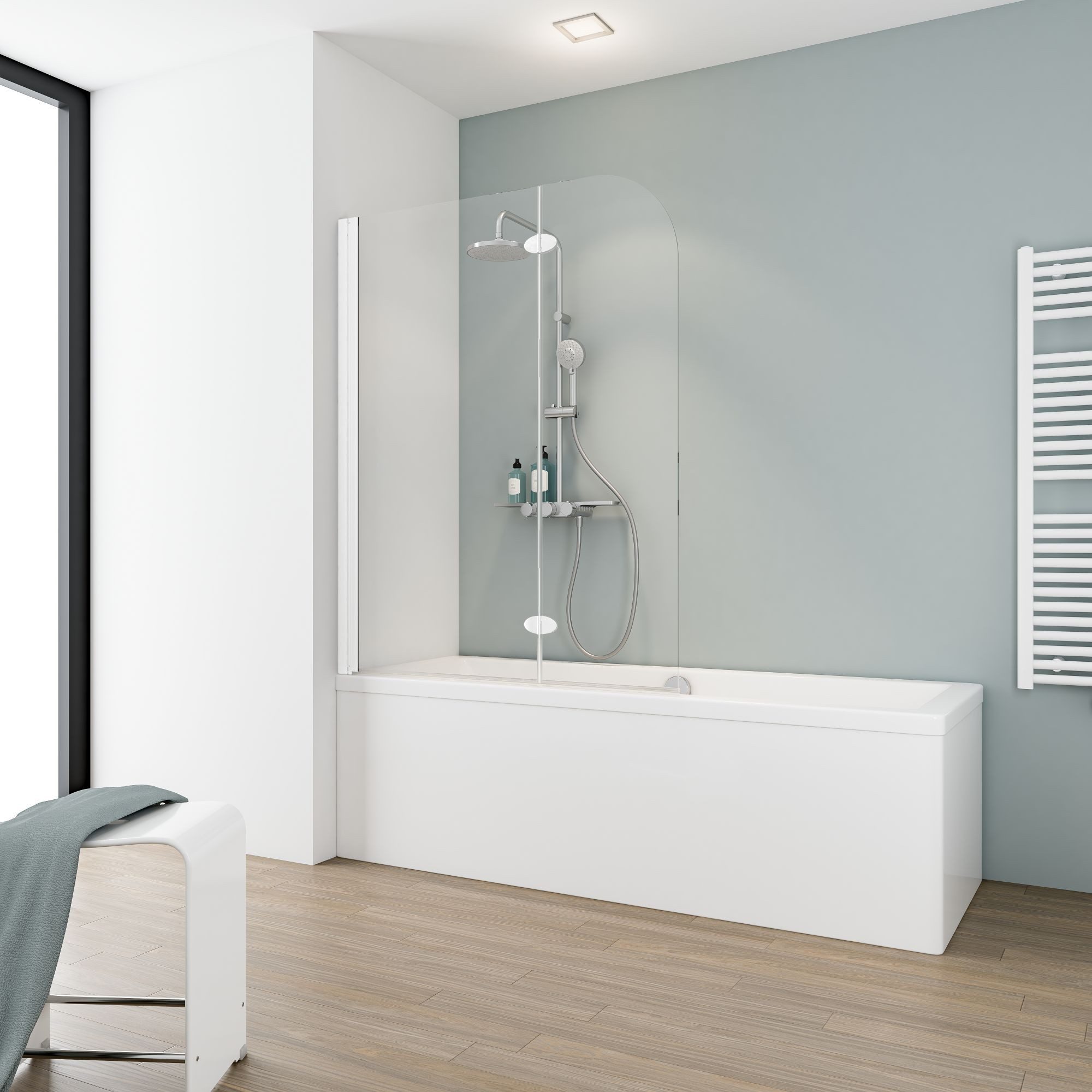 Schulte Badewannenfaltwand Komfort, 3 mm Sicherheitsglas, 114x140 cm, Klar, Weiß, flexibel montierbar