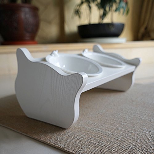 CatS Premium Katzennapf Keramik & Holz/ Fressnapf Katze 2er Set als Futterbar Katze / Futternapf Katze spülmaschinenfest