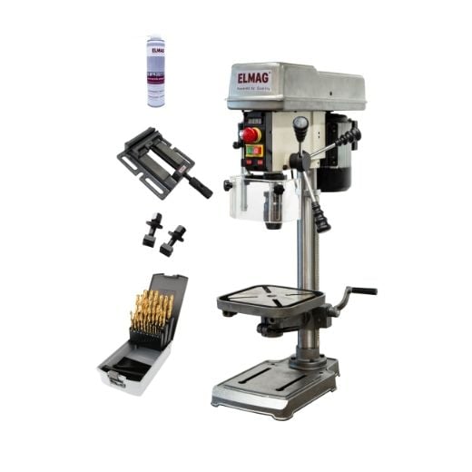 ELMAG KBM 16 T VARIO SET-Aktion, Keilriemen-Tischbohrmaschine mit 550 W, Drehzahleinstellung, inkl. HSS-Spiralbohrerkassette und Laser-Bohranzeige