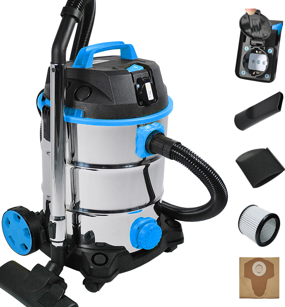 Helo Industriestaubsauger Nass Trocken Staubsauger Industrie Sauger 30L blau, 4-in-1 Funktionen, 30 Liter Behälter, 8m Bewegungsbereich