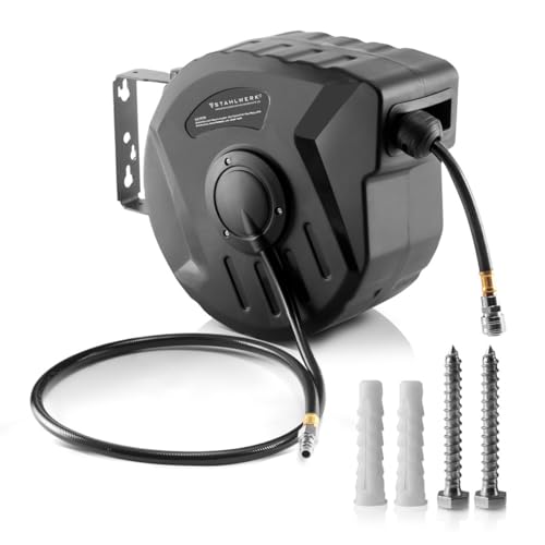 STAHLWERK Druckluftschlauch Automatik-Aufroller DA-10 ST, 10+1 m mit Aufroll-Automatik, Wandmontage-Set, robustes Kunststoffgehäuse, 180° Schwenkbereich