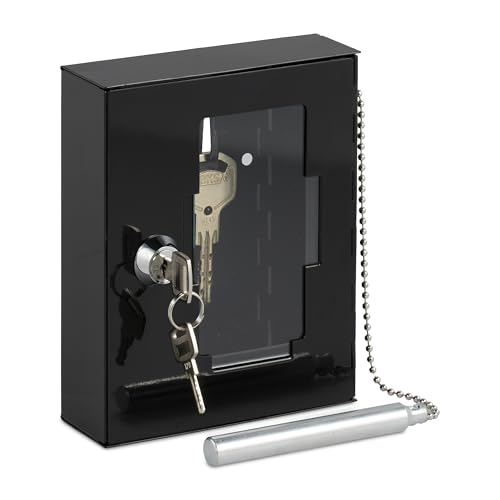 Relaxdays Notschlüsselkasten, abschließbar, Metall, Glasscheibe, inkl. Hammer, schwarz