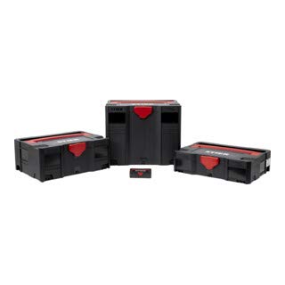 Stier Systainer-Set 3-teilig T-LOC BLACK-Edition, Werkzeugkoffer mit Gratis Micro-Systainer, staub- und spritzwassergeschützt, 100% ABS-Kunststoff