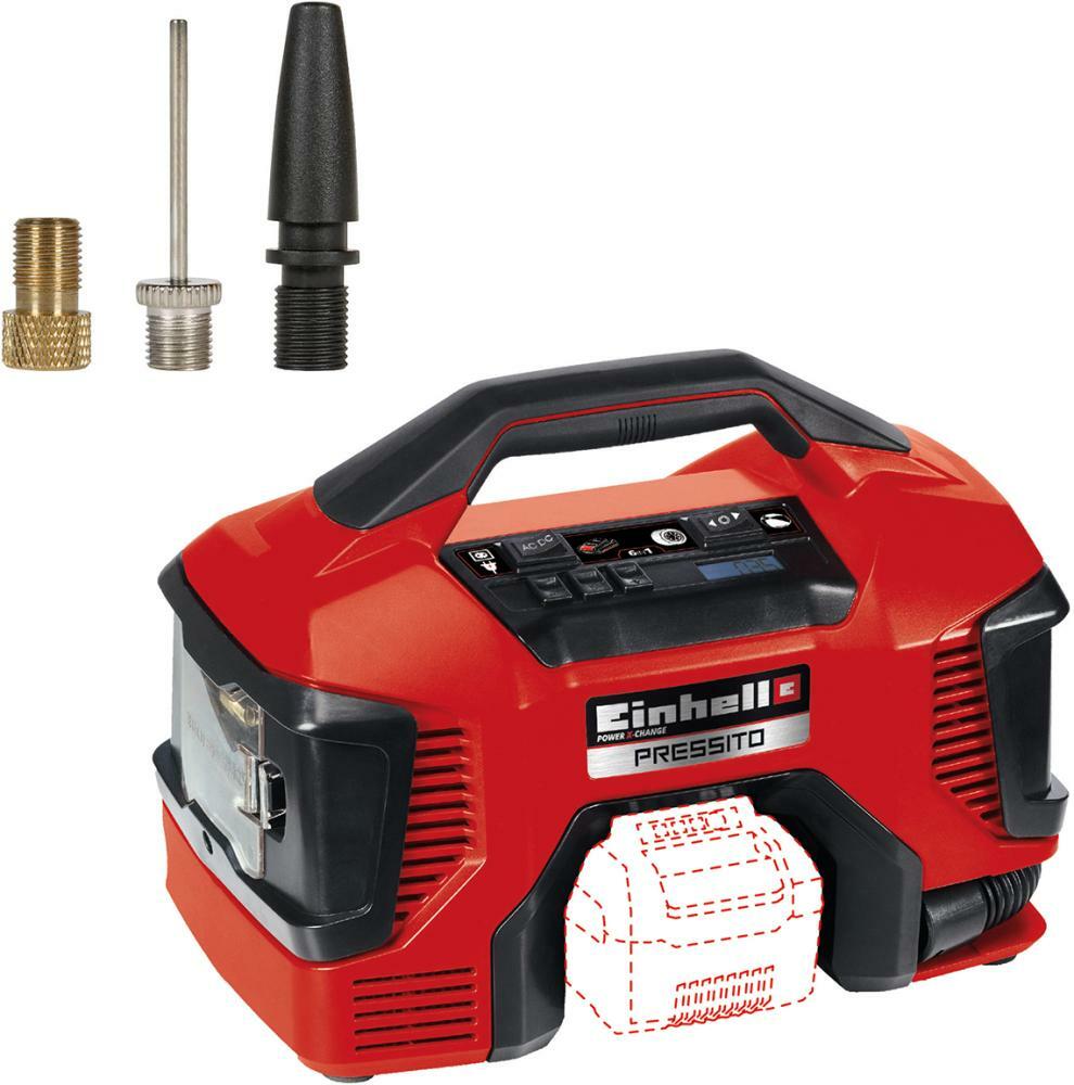 Einhell Akku-Kompressor PRESSITO Power X-Change PXC Li-Ion, 18 V, max. 11  bar, 710 mm Schlauchlänge, Hochdruck-, Niederdruckpumpe, inkl. 3-tlg.  Adapter-Set, ohne Akku und Ladegerät: Tests, Infos & Preisvergleich