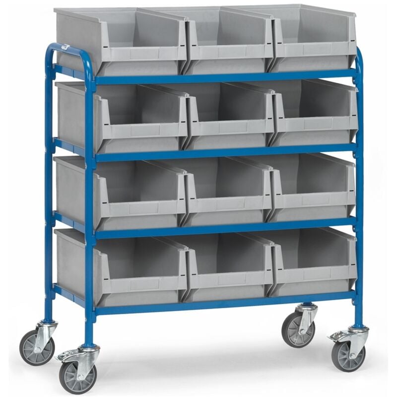 Fetra Beistellwagen mit 12 Sichtlagerkästen, Ladefläche 940 x 470 mm, pulverbeschichtet in Blau, Tragkraft 250 kg