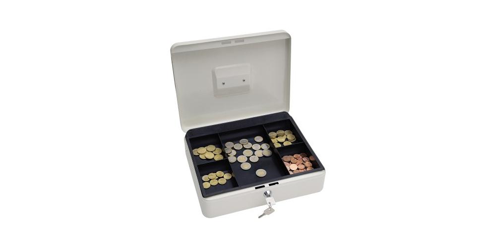 WEDO Geldkassette 30x9x24 cm (BxHxT) 1 Fach für Banknoten 5 Fächer für Hartgeld mit Schloss Stahl weiß