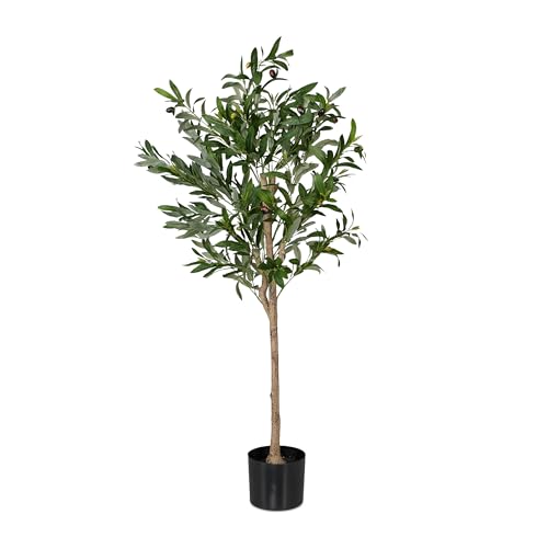 Relaxdays Olivenbaum künstlich, 120 cm hoch, Steinoptik, Kunstpflanze, Deko-Olivenbaum, grün/braun