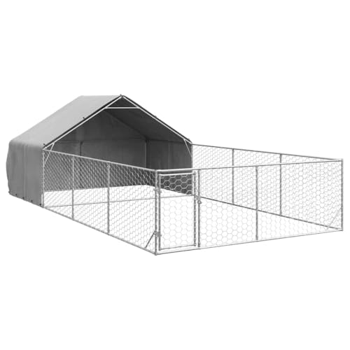 vidaXL Outdoor-Hundezwinger mit Auslauf 7x3x1,9 m Verzinkter Stahl, überdachter Hundekäfig in Grau - Robuste Konstruktion, wasserabweisender Bezug, sicherer Zugang