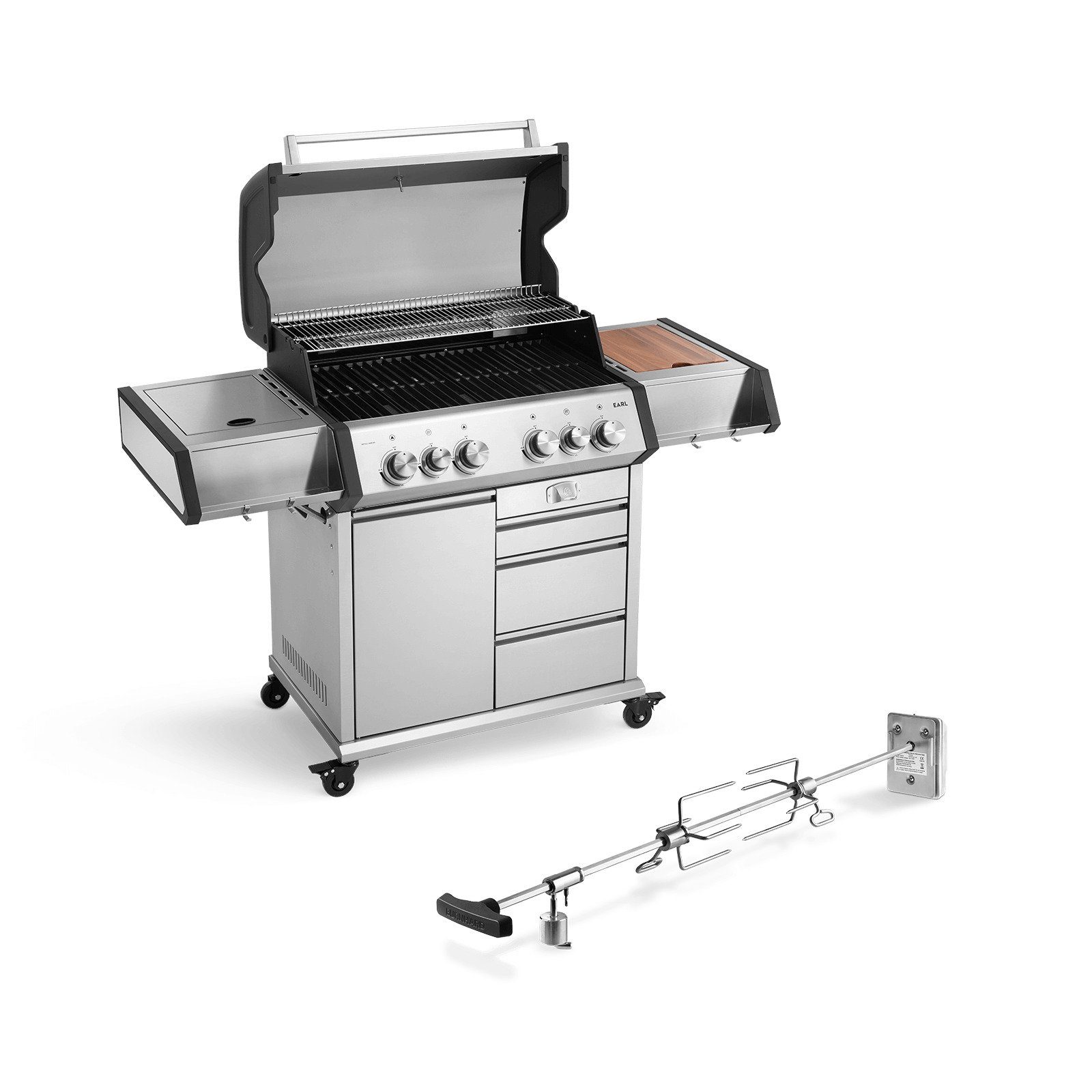 BURNHARD Gasgrill Earl Parent, Gas Grill mit Drehspieß, drei Schubladen, UV-beständiger Abdeckhaube, Gasgrill 4 Brenner Heckbrenner - Gasgrill mit Grillwagen
