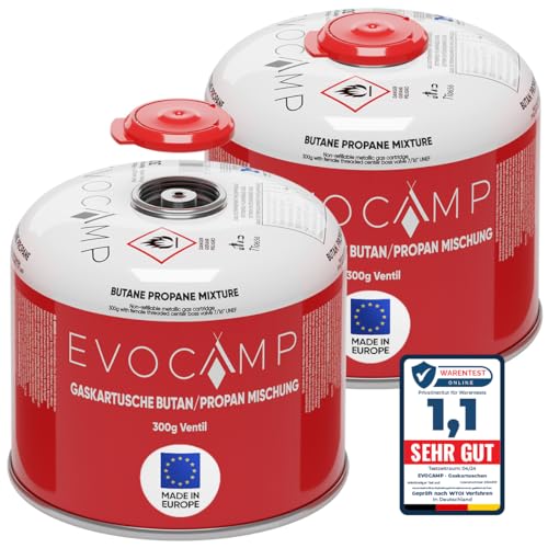 EVOCAMP 2X Propan Butan Gaskartuschen 300g, Schraubventil Eurogewinde 7/16", Sicherheits-Verschlussautomatik, kompatibel mit Weber Q100/1200-Grills