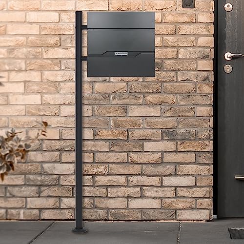 ECD Germany Standbriefkasten mit Zeitungsfach, Design Briefkasten mit Pfosten Standfuß, Briefkastenanlage, Briefkastenständer Anthrazit Edelstahl, Postkasten Anthrazit Edelstahl pulverbeschichtet