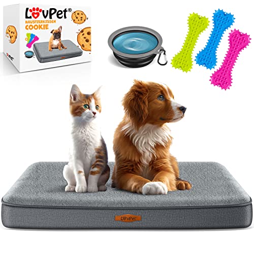 Lovpet® Hundebett orthopädisches Hundekissen Hundekorb Cookie, Inkl. Napf + 3X Kauknochen, Hundesofa für Kleine, Mittelgroße & Große Hunde, Bezug abnehmbar und waschbar, L 91x69x7,6 cm Anthrazit