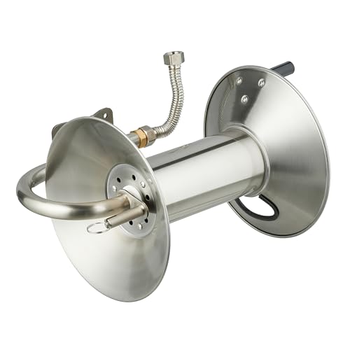 relaxdays Schlauchtrommel für die Wand, Edelstahl, platzsparend für bis zu 40 m Gartenschlauch, silber