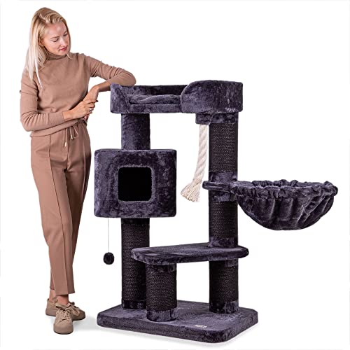 Happypet® Kratzbaum für Katzen groß 118 cm Katzenbaum geeignet für große Katzen (Maine Coon), stabile extra Dicke Sisal-Säulen ca. 15cm, geräumiges Haus ANTHRAZIT