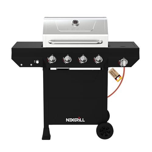 Nexgrill Classic 4-Brenner Gasgrill mit Seitenbrenner, Edelstahl, porzellanbeschichtete Gusseisenroste, Even-Heat-System, ideal für Garten und Balkon