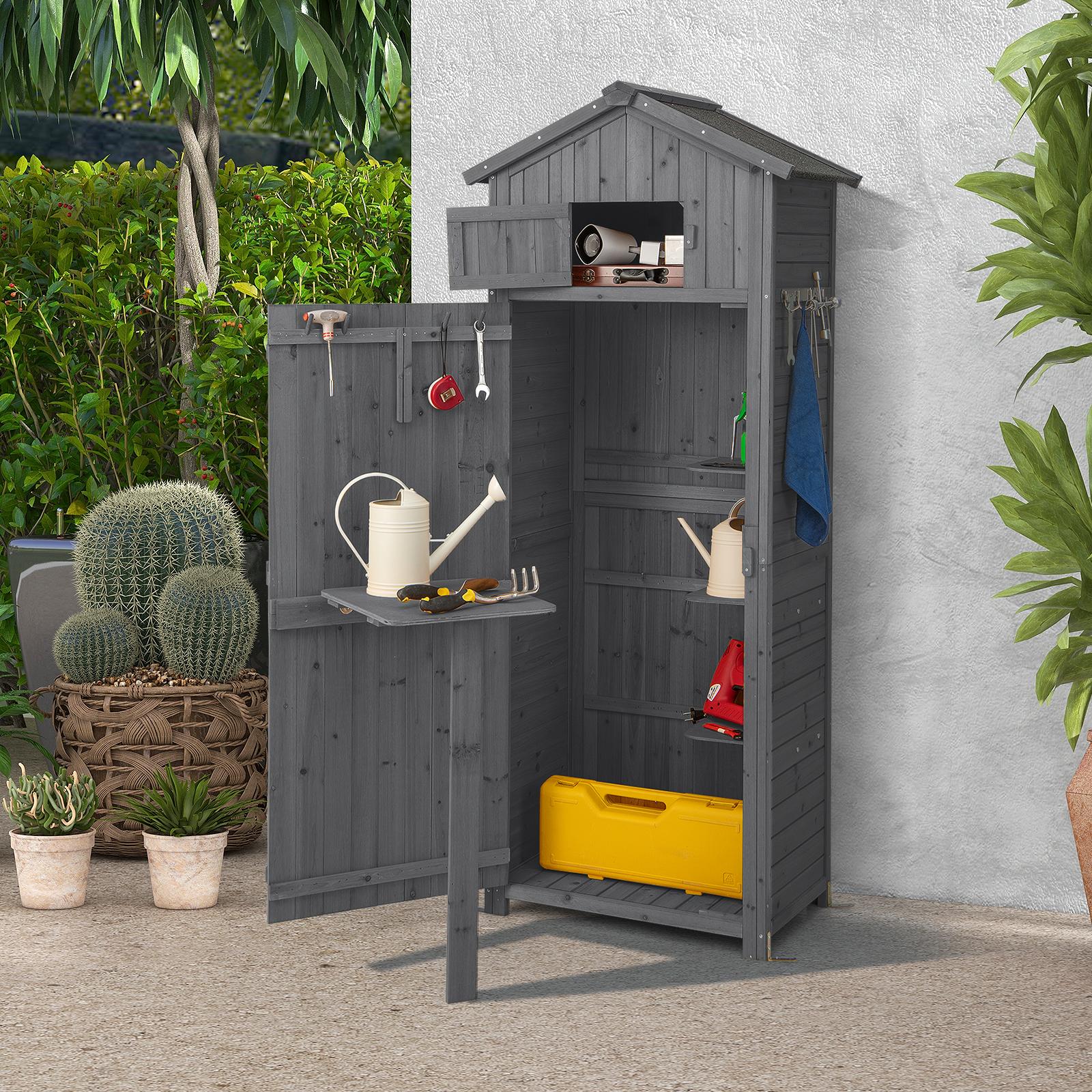 COSTWAY Gartenschrank Holz, Gerätehaus wetterfest mit klappbarem Tisch, 8 Haken & Satteldach, Grau, 75 x 50 x 180,5 cm
