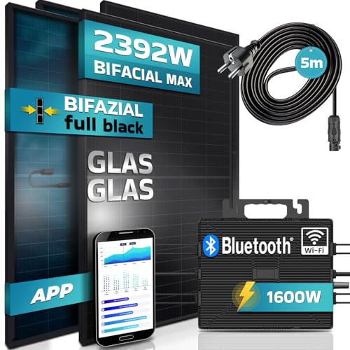 SUNNIVA® Balkonkraftwerk FULL BLACK BIFACIAL GLAS GLAS 2392W/1600W Solaranlage, 4x460W Bifaziale Solarmodule, 5m Kabel