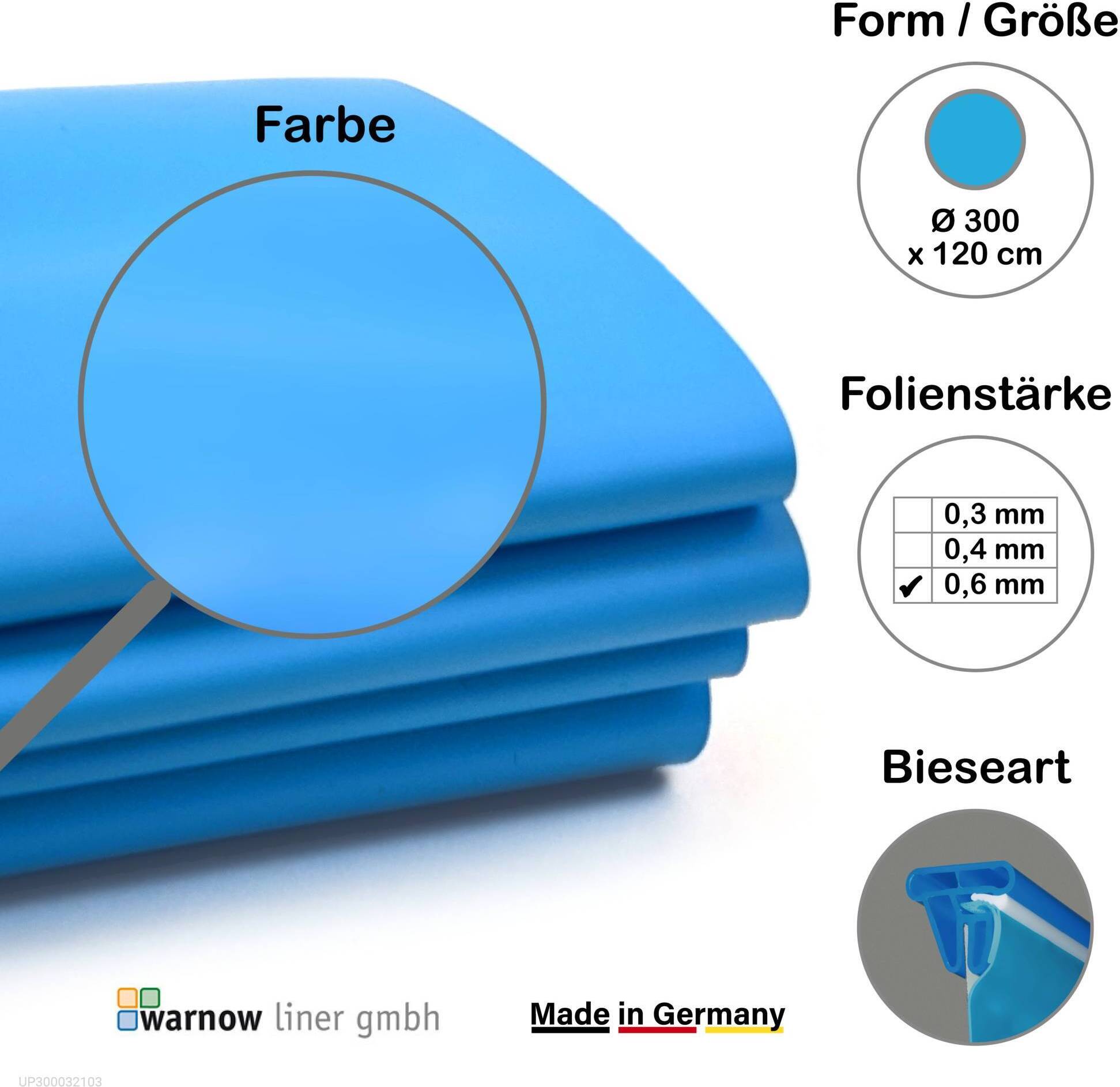 Warnow Liner Premium Poolfolie für Rundpool, 300 cm x 120 cm, Stärke: 0,6 mm, blau, Keilbiese