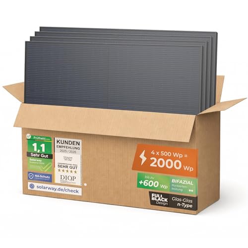 Solarway 500W Full Black Bifazial Glas/Glas Solarpanel, n-type mit 0-5 Watt Leistungstoleranz, ideal für Balkonkraftwerke