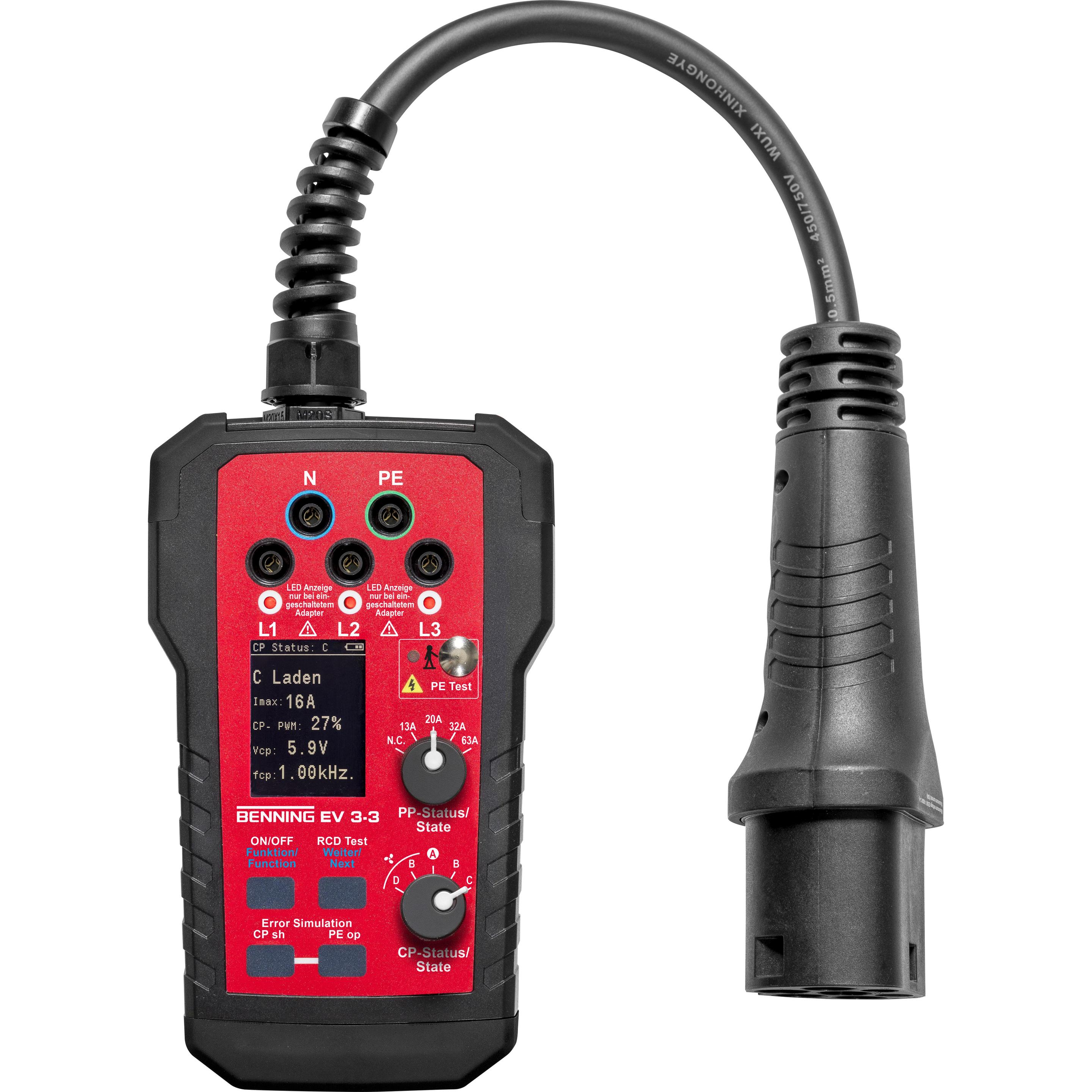 Benning EV 3-3, Multimeter Wallboxtester (CAT II 300V) mit Schutztasche, für AC-Ladestationen und Fahrzeugzustandsanalyse