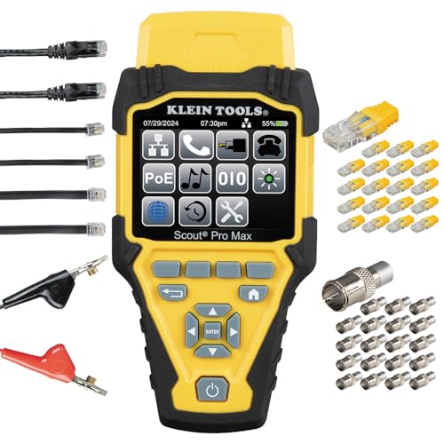 Klein Tools Scout Pro Max, Multimeter & Kabeltester mit TDR-Technologie, RJ11/RJ12/RJ45/F-Stecker, CSV-Datenspeicherung, bis zu 20 RJ45-/Koax-F Buchsen identifizierbar