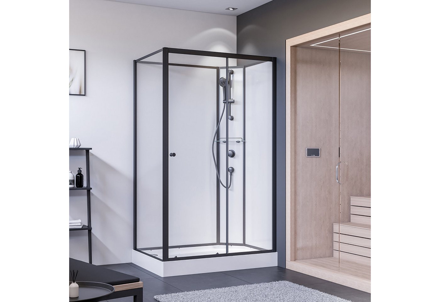 BREUER Eckdusche Komplettdusche Schiebetür mit Seitenwand links schwarz matt Klarglas, 5 mm Sicherheitsglas, ausschwenkbare Türelemente