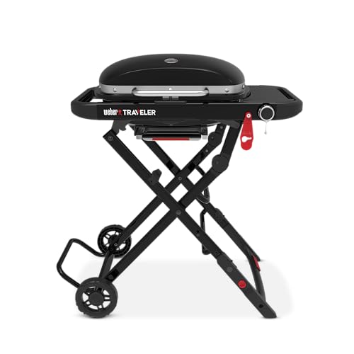 Weber Traveler Compact Gasgrill (2026), Tragbares klappbares Design mit Rädern, 1 Brenner, 52 x 36 cm Grillfläche, Schwarz
