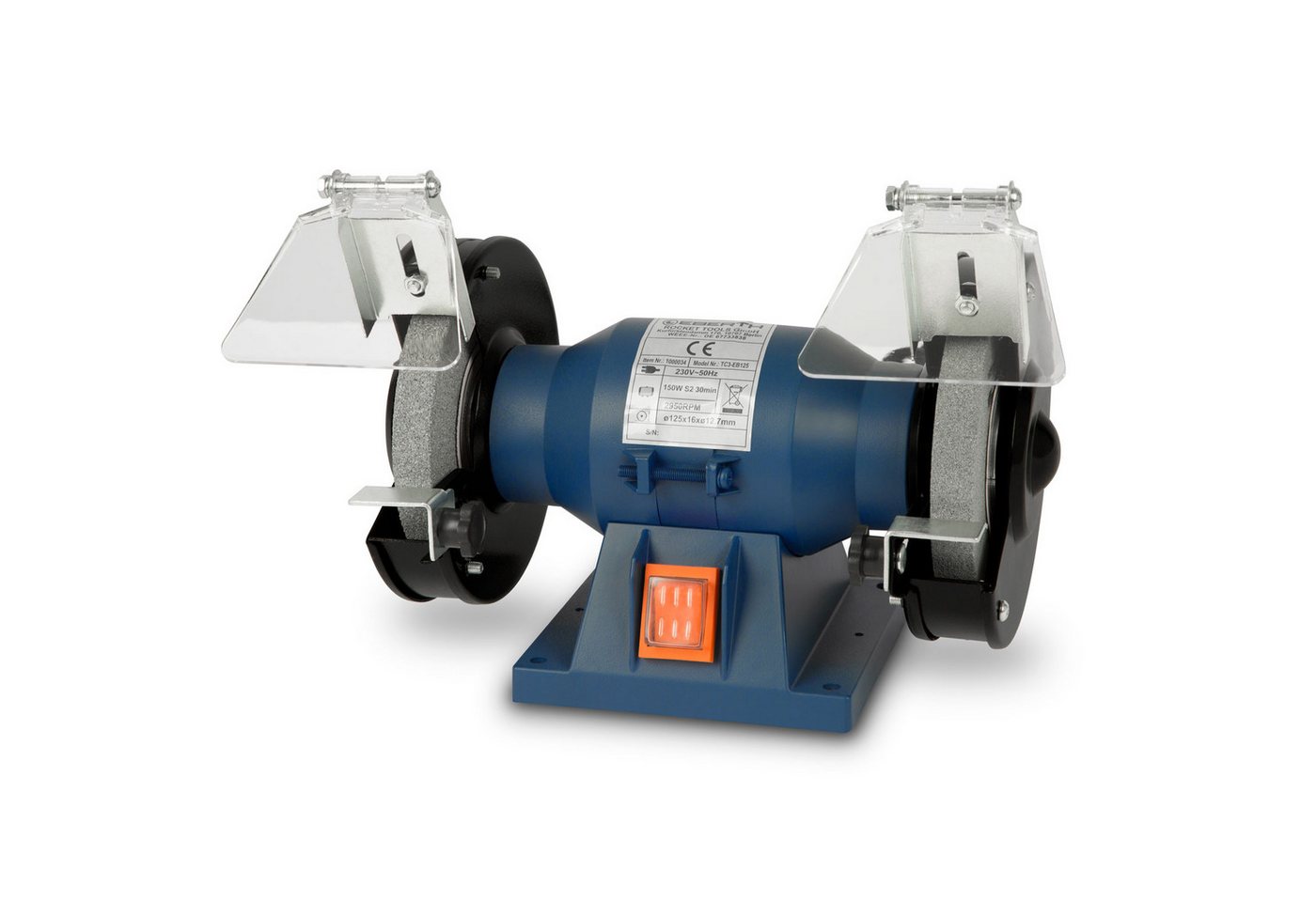 EBERTH Doppelschleifer Schleifbock mit 150W, Grobschleifscheibe A36, max. 2950 U/min, Tischmontage, 4 Gummifüße, 2 Funkenschutz, 2 Werkzeugauflagen