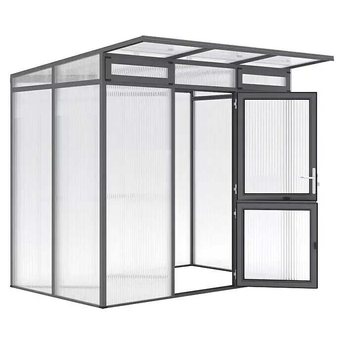 KGT Gewächshaus Santini II - small, 233 x 155 cm, Kunststoffwände 16 mm, anthrazit-grau, modernes Pultdach, 2 Aufstellfenster, hohe Schneelast