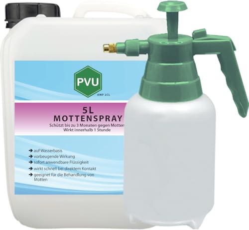 PVU Mottenspray 5 Liter + 2 L Sprüher | mottenschutz für kleiderschrank | Alternative zu kleidermottenfalle | Anti motten Spray auf Wasserbasis
