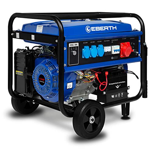 EBERTH 5500 W Stromerzeuger SM1-ER5500-3F, 13 PS 4-Takt Benzinmotor mit E-Start und 3-Phasen Anschluss