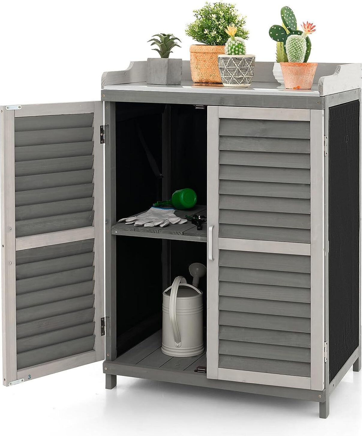 COSTWAY Gartenschrank Holz, Geräteschrank mit Metallplatte, 2 Lagerregalen und aufrollbaren Türen, grau, 67 x 47 x 100 cm