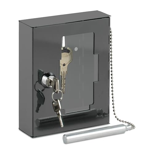 Relaxdays Notschlüsselkasten mit Glasscheibe, abschließbar, Metall, grau, inkl. Hammer und Schlüssel, Wandmontage