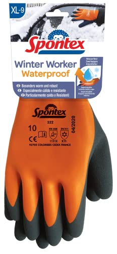 Spontex Winter Worker Waterproof Handschuhe, Wasserfeste Arbeitshandschuhe mit zweilagigem Innenfutter, hohem Kälteschutz und Latexbeschichtung, Größe XL, Orange/Schwarz, 1 Paar