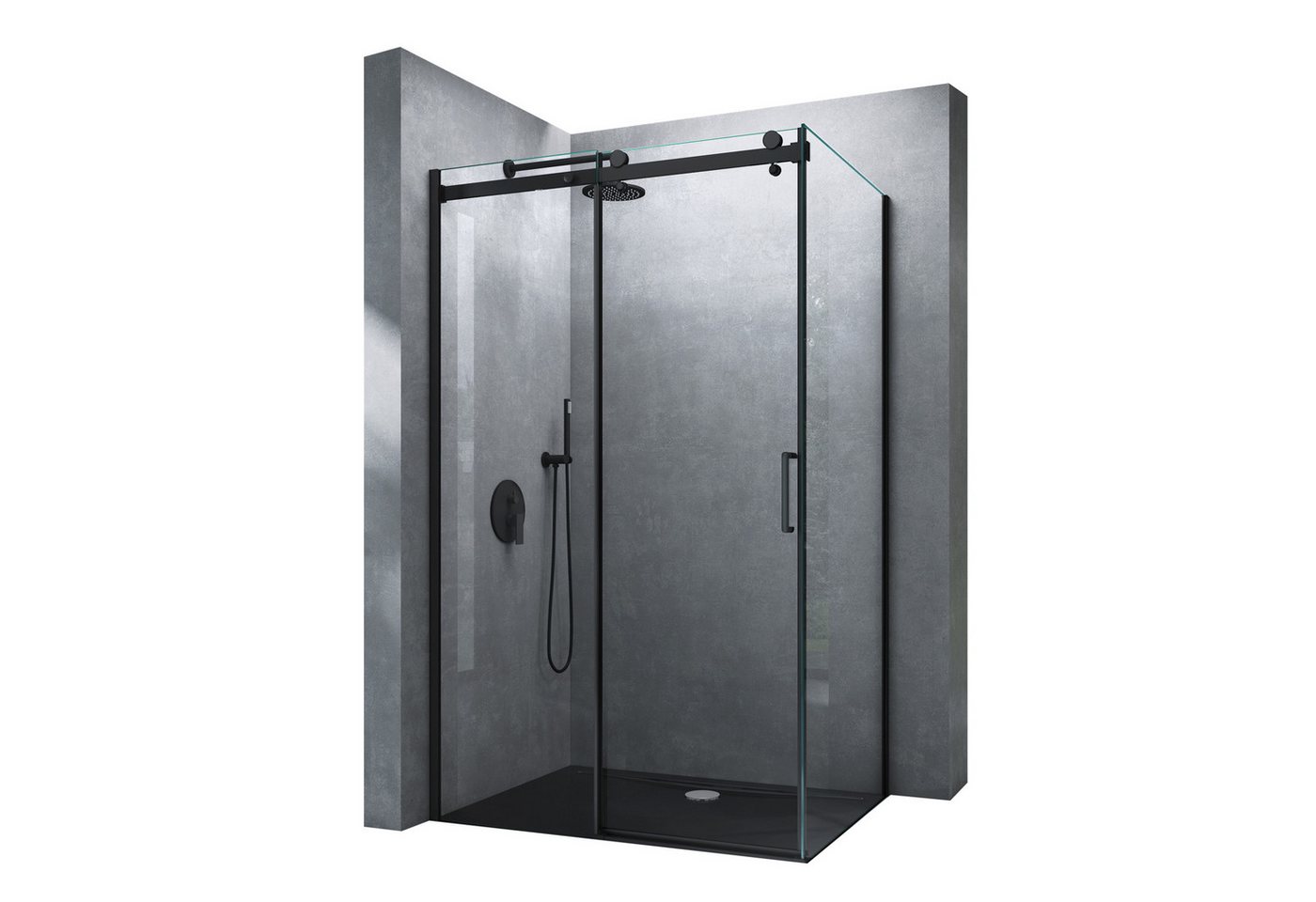 Mai & Mai Eckdusche Duschkabine Softclose Schiebetür H:195cm ESG NANO Rav19, BxT: 100x75 cm, Klarglas / Schwarz