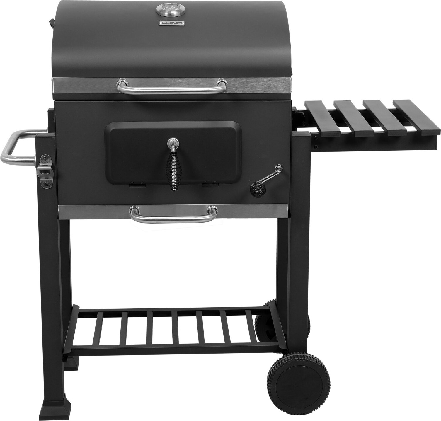 LUND Holzkohlegrill 57x37 cm mit Deckel und Ablage, Deluxe, Stahlrost mit emaillierter Beschichtung, klappbare Seitenablage, Schwarz