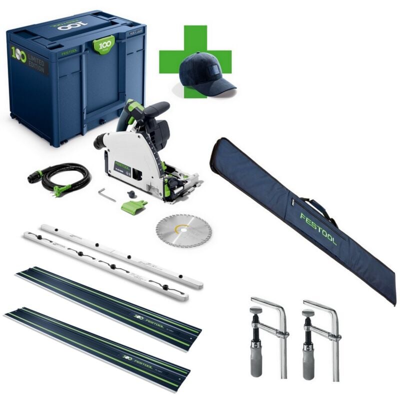 Festool Tauchsäge TS 60 KEBQ-Plus 100Y, Limited Edition mit KickbackStop, 60 mm Schnitttiefe, inkl. 2x FS 1400/2, FSV/2, FS-Bag und FSV 120 2X
